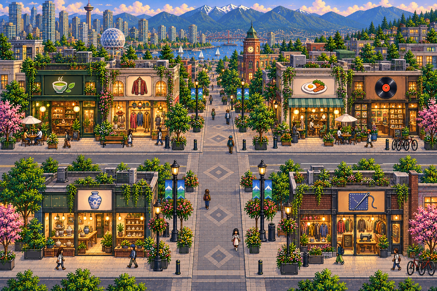 Pixel-art neighborhood coffee shop